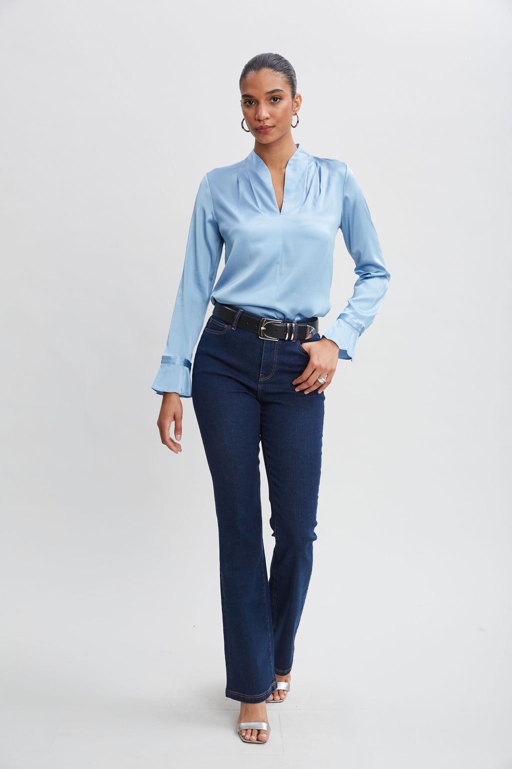 Women Silk Satin Contour Neck Ruffle Cuff Shirt | Elie Tahari