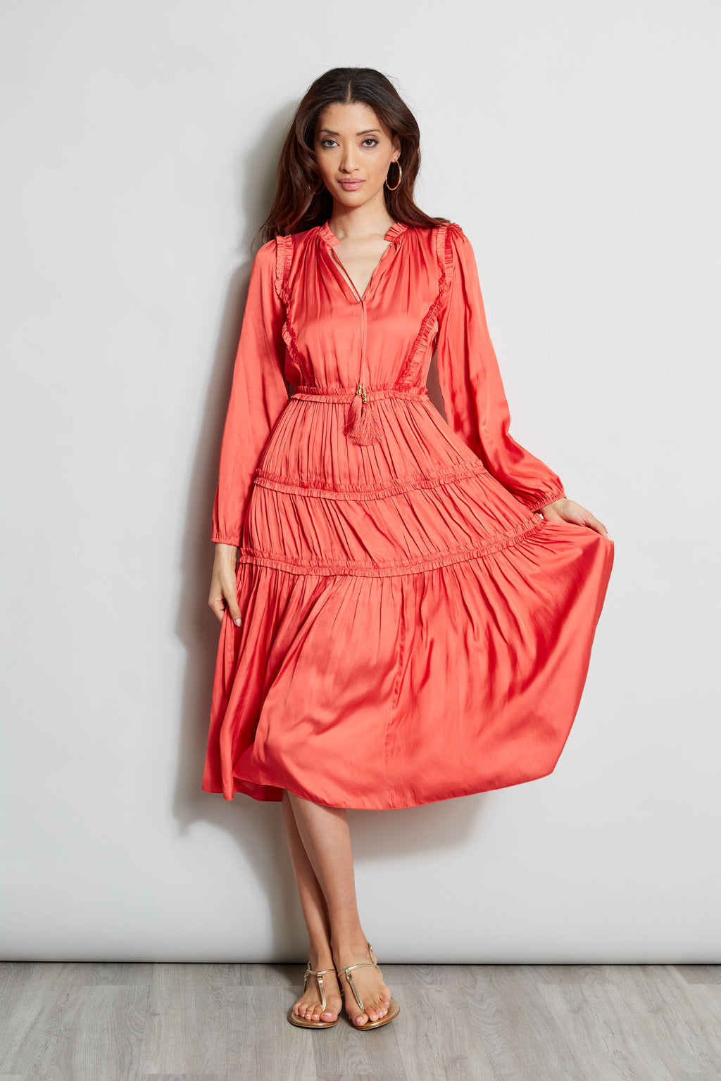 Women Long Sleeve Ruffle Midi Dress Wild Flower | Elie Tahari