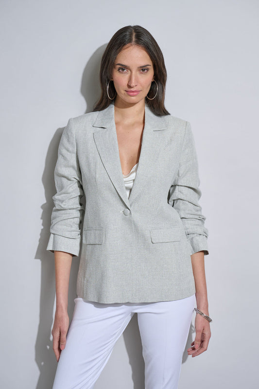 Women Plaid Ruched Sleeve Linen Blazer  | Elie Tahari