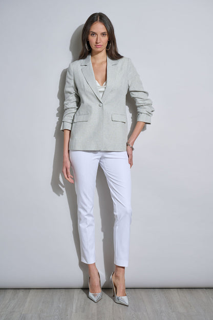 Women Plaid Ruched Sleeve Linen Blazer  | Elie Tahari