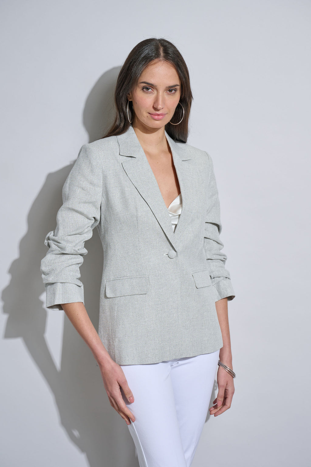 Women Plaid Ruched Sleeve Linen Blazer  | Elie Tahari