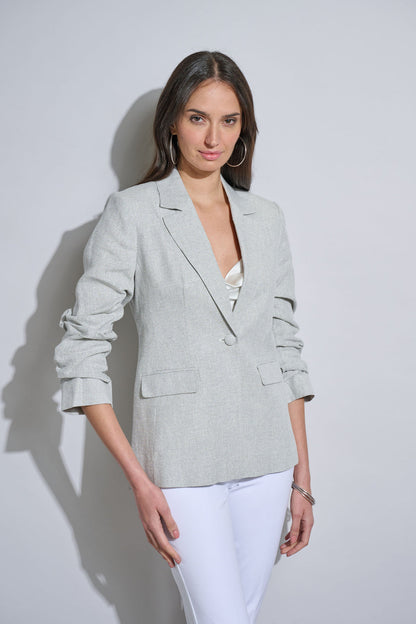 Women Plaid Ruched Sleeve Linen Blazer  | Elie Tahari