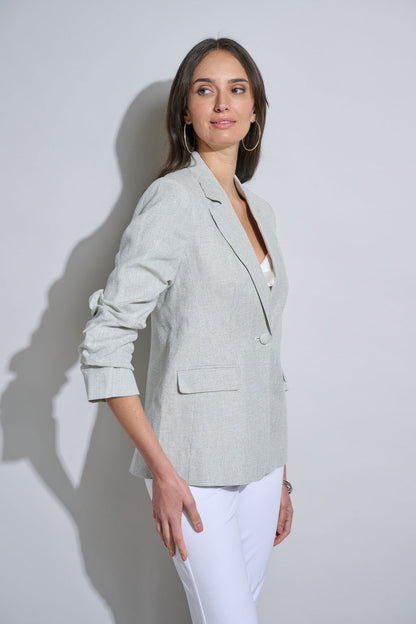 Women Plaid Ruched Sleeve Linen Blazer  | Elie Tahari
