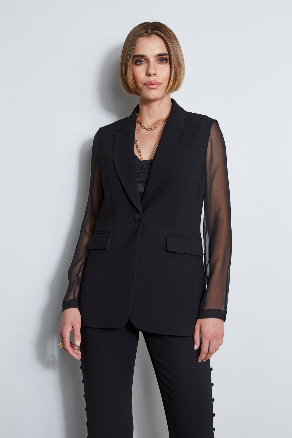Women Chiffon Combo Crepe Blazer Black | Elie Tahari