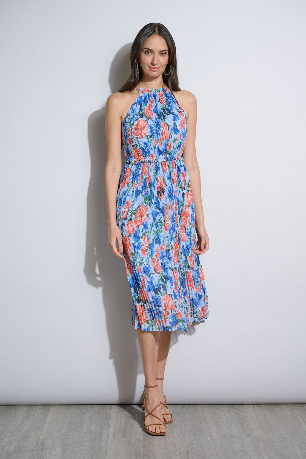 Women Floral Halter Pleated Midi Dress Pool Blue Floral | Elie Tahari