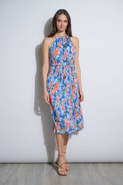 Women Floral Halter Pleated Midi Dress Pool Blue Floral | Elie Tahari