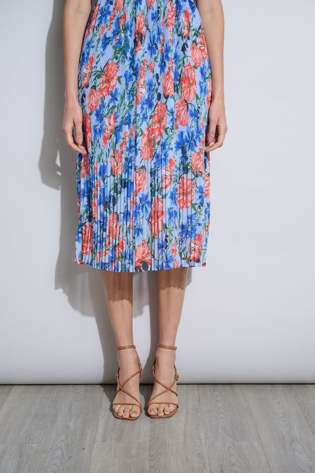 Women Floral Halter Pleated Midi Dress Pool Blue Floral | Elie Tahari