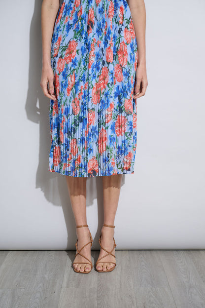 Women Floral Halter Pleated Midi Dress Pool Blue Floral | Elie Tahari