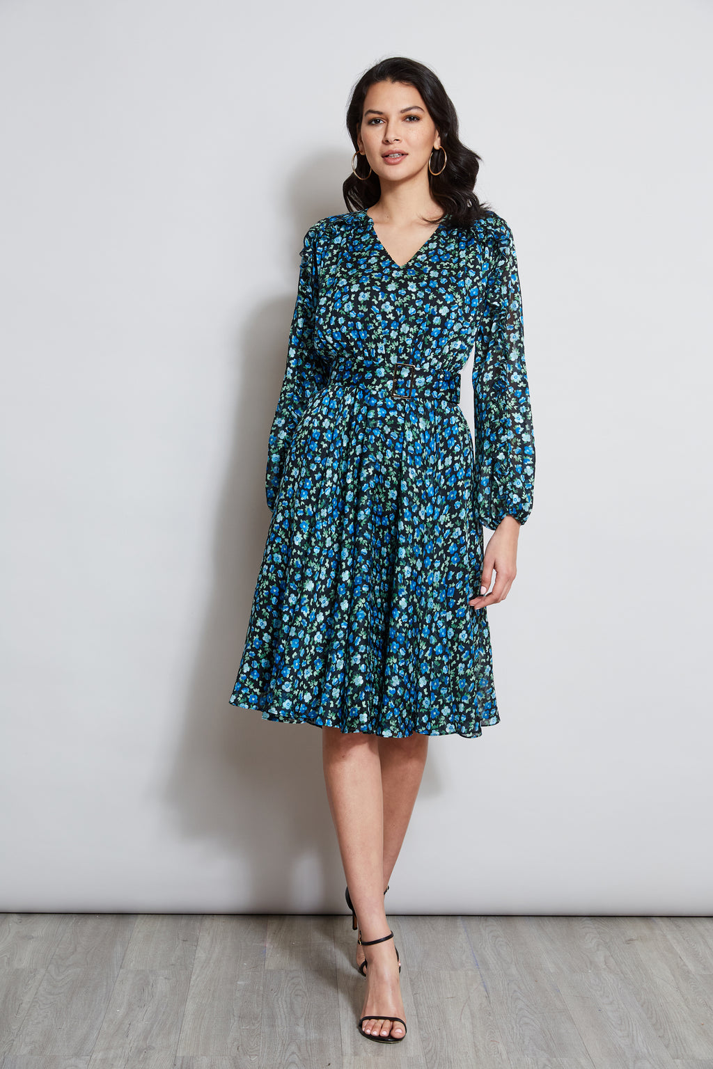 Women Floral Long Sleeve Belted Dress Forget Me Not Print | Elie Tahari