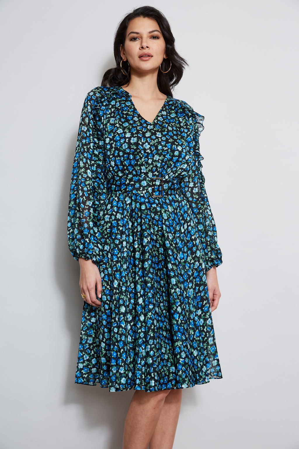 Women Floral Long Sleeve Belted Dress Forget Me Not Print | Elie Tahari