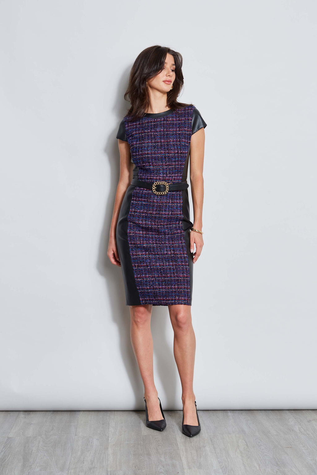 Women Tweed Vegan Leather Panel Dress Multi | Elie Tahari