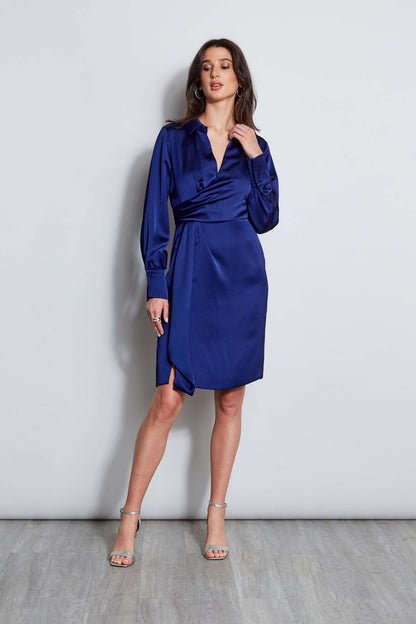 Women Long Sleeve Satin Wrap Dress Dark Sapphire | Elie Tahari