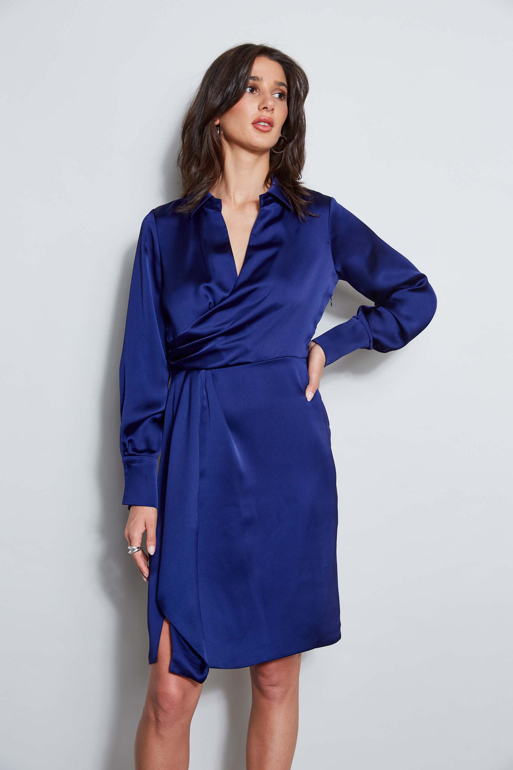 Women Long Sleeve Satin Wrap Dress Dark Sapphire | Elie Tahari