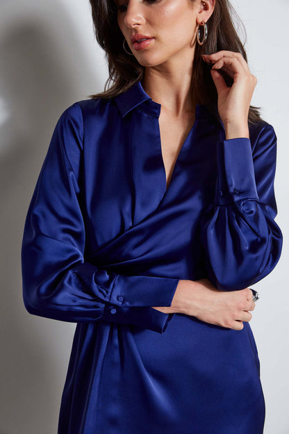 Women Long Sleeve Satin Wrap Dress Dark Sapphire | Elie Tahari