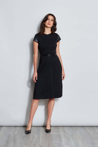 Women Vegan Leather Short Sleeve Belted Knit Dress Black | Elie Tahari