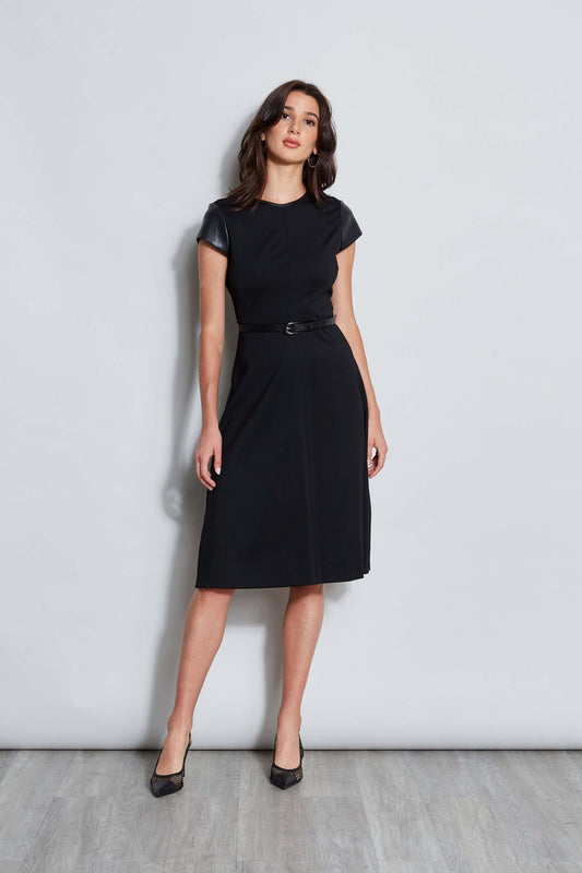 Women Vegan Leather Short Sleeve Belted Knit Dress Black | Elie Tahari