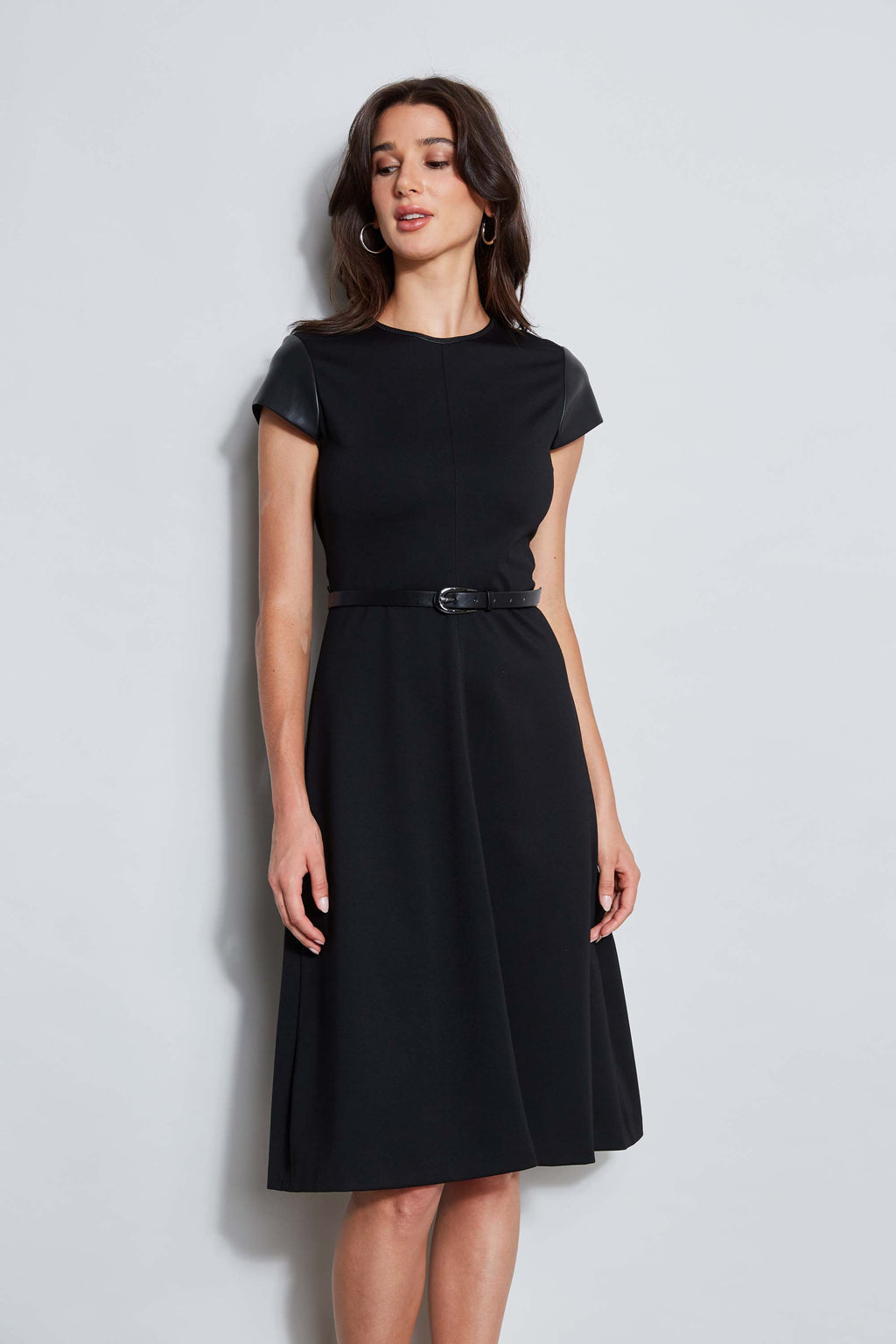 Women Vegan Leather Short Sleeve Belted Knit Dress Black | Elie Tahari