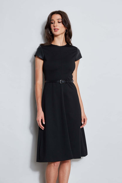 Women Vegan Leather Short Sleeve Belted Knit Dress Black | Elie Tahari