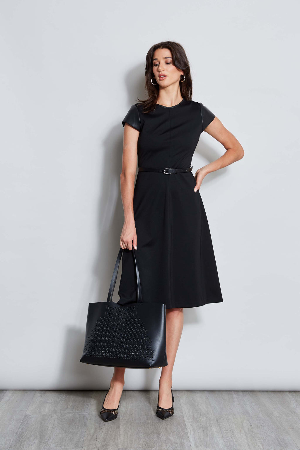 Women Vegan Leather Short Sleeve Belted Knit Dress Black | Elie Tahari