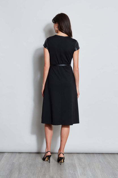 Women Vegan Leather Short Sleeve Belted Knit Dress Black | Elie Tahari