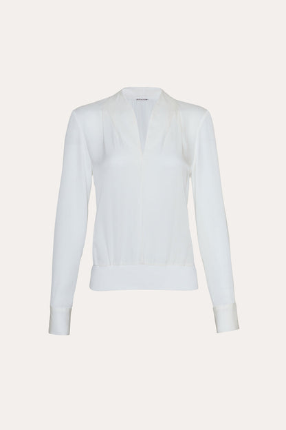 Women Silk Contour Neck Rib Trim Shirt  | Elie Tahari