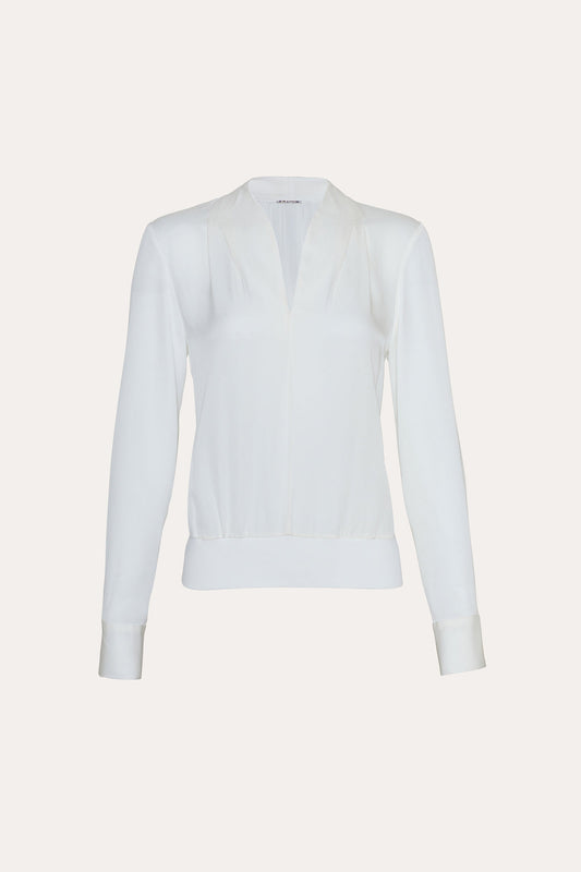 Women Silk Contour Neck Rib Trim Shirt  | Elie Tahari