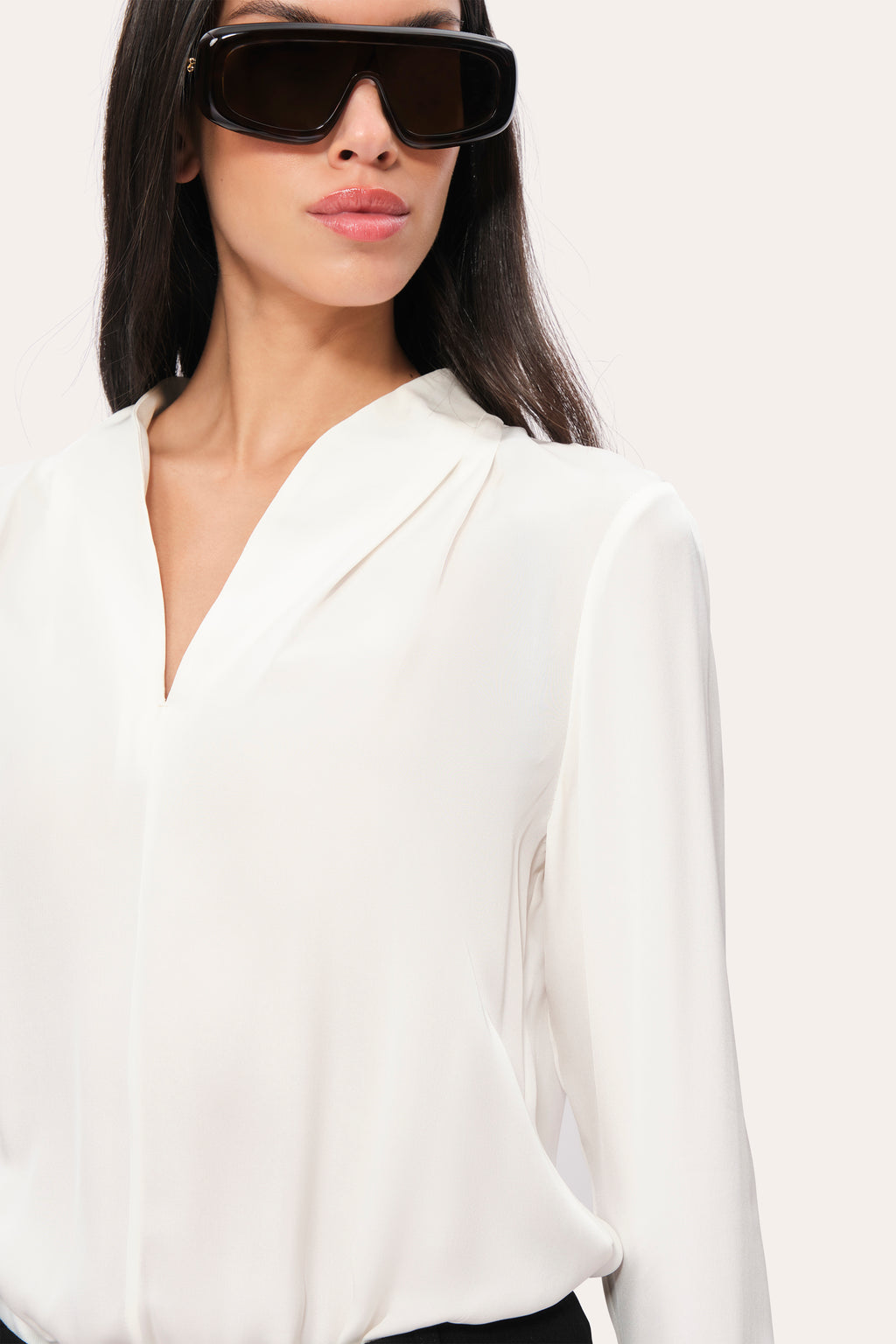 Women Silk Contour Neck Rib Trim Shirt  | Elie Tahari
