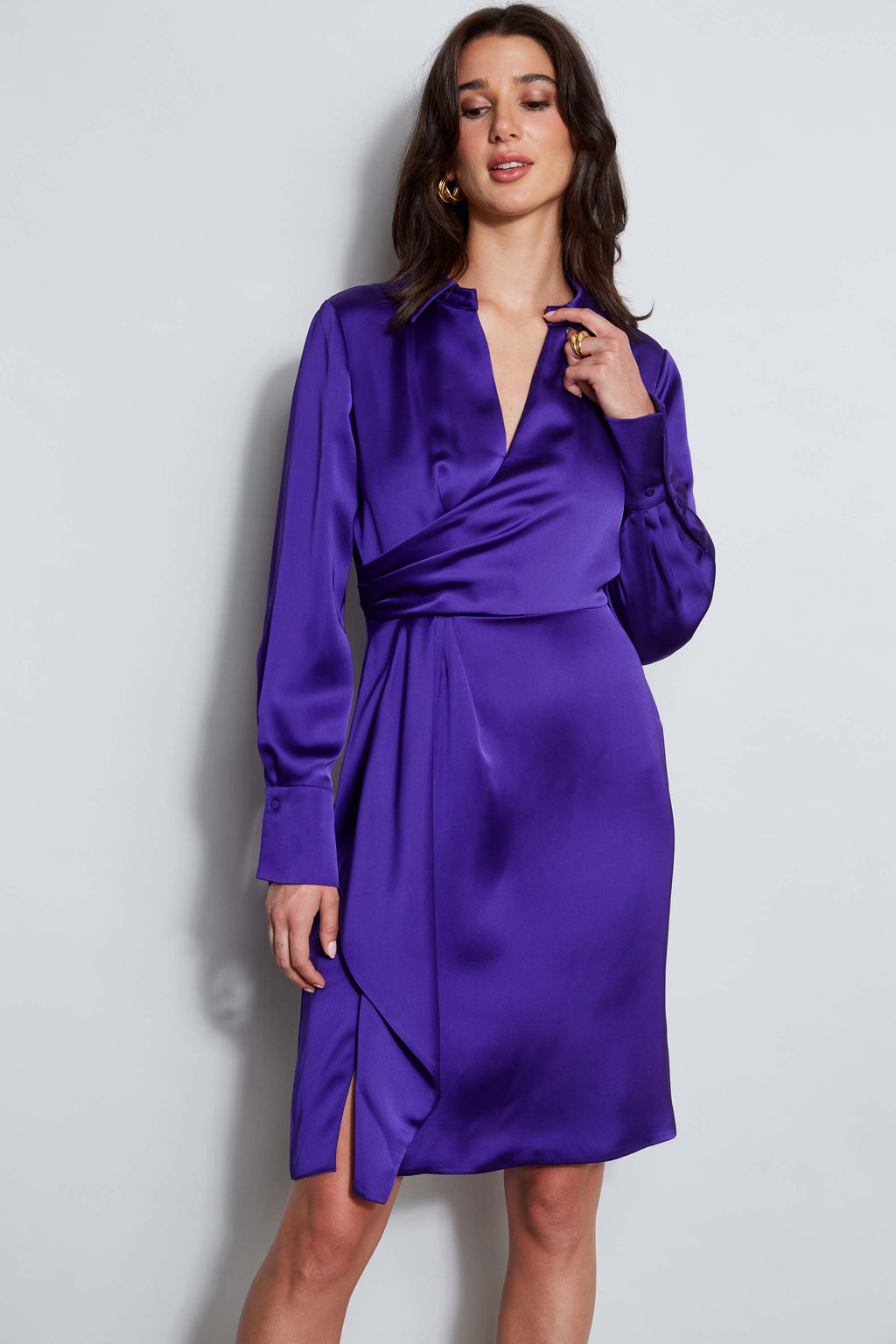 Women Long Sleeve Satin Wrap Dress Grape | Elie Tahari