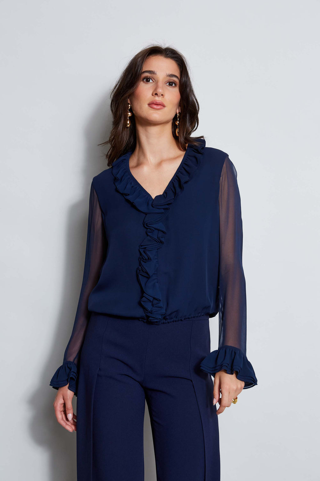 Women Ruffle Silk Shirt Galaxy Navy | Elie Tahari