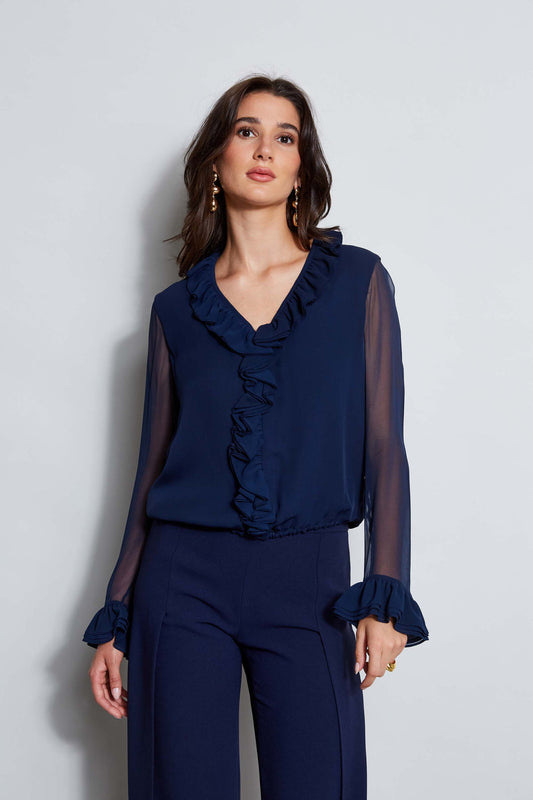 Women Ruffle Silk Shirt Galaxy Navy | Elie Tahari