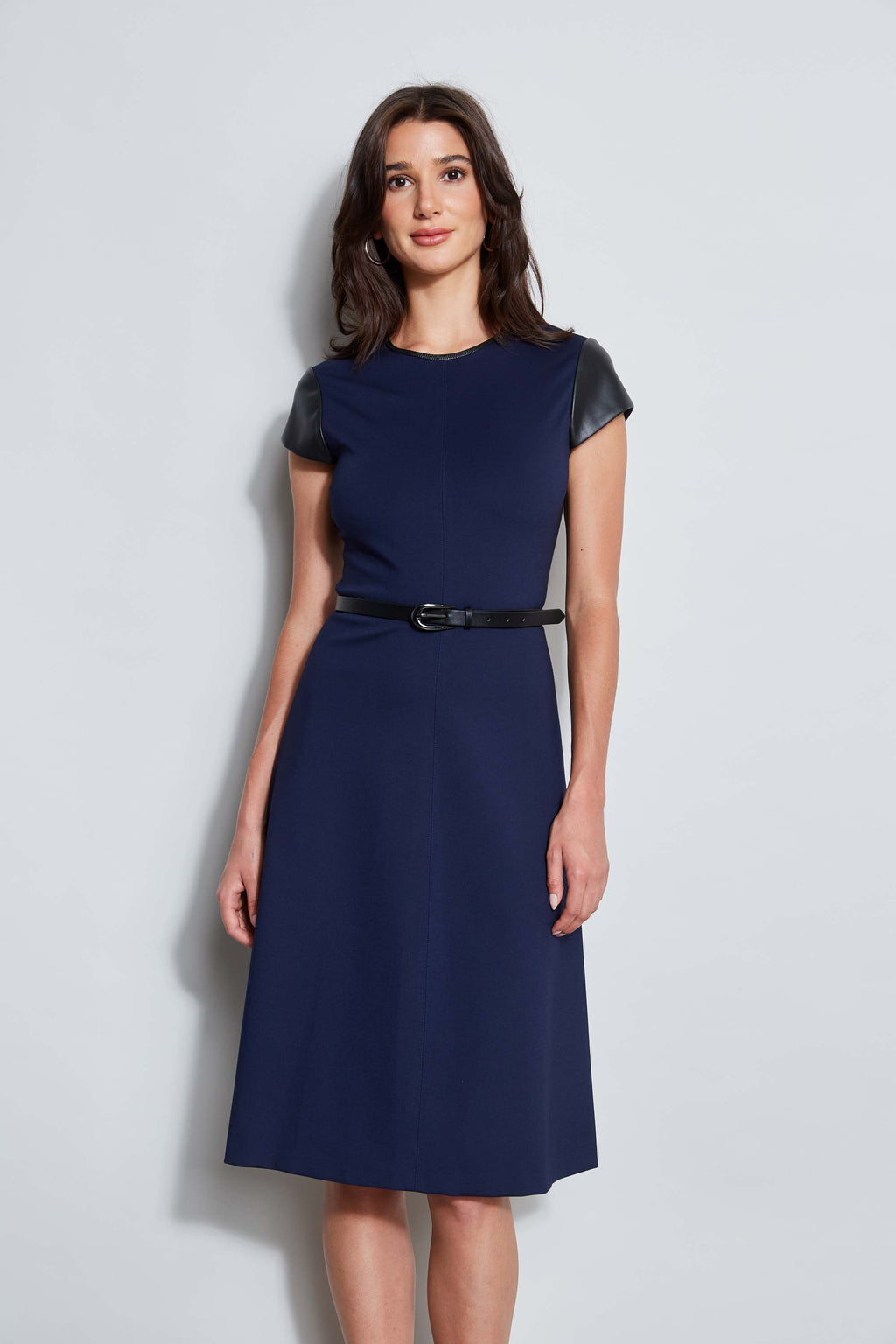 Women Vegan Leather Short Sleeve Belted Knit Dress Galaxy Navy | Elie Tahari