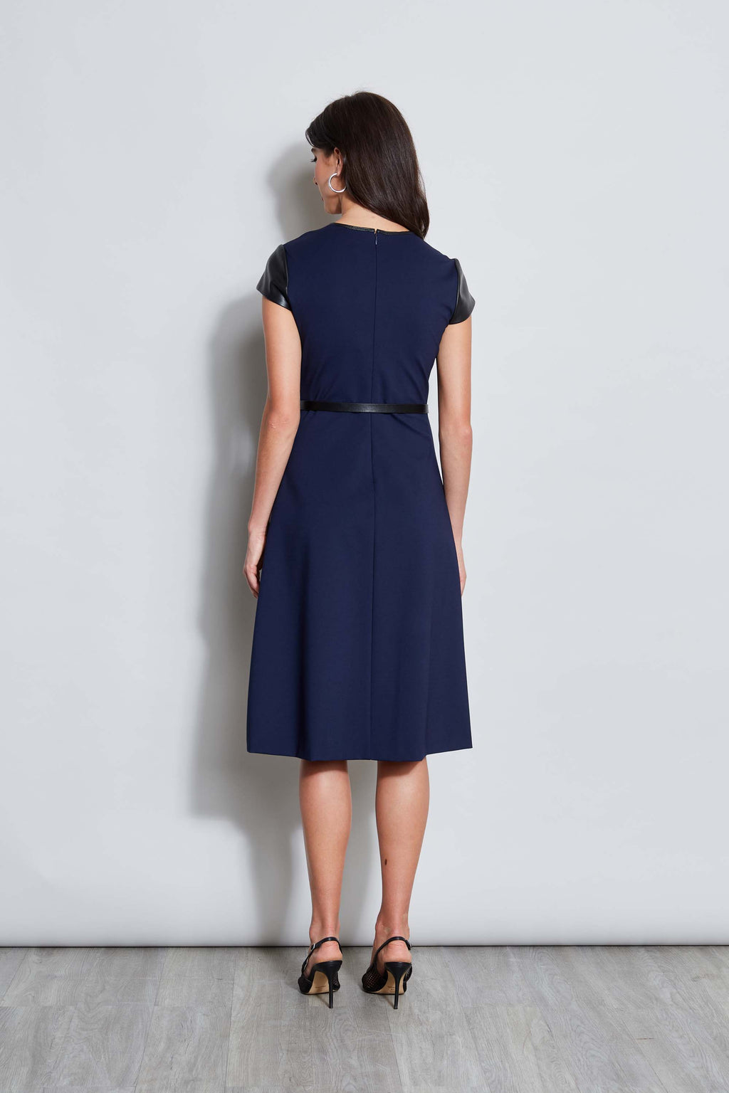 Women Vegan Leather Short Sleeve Belted Knit Dress Galaxy Navy | Elie Tahari