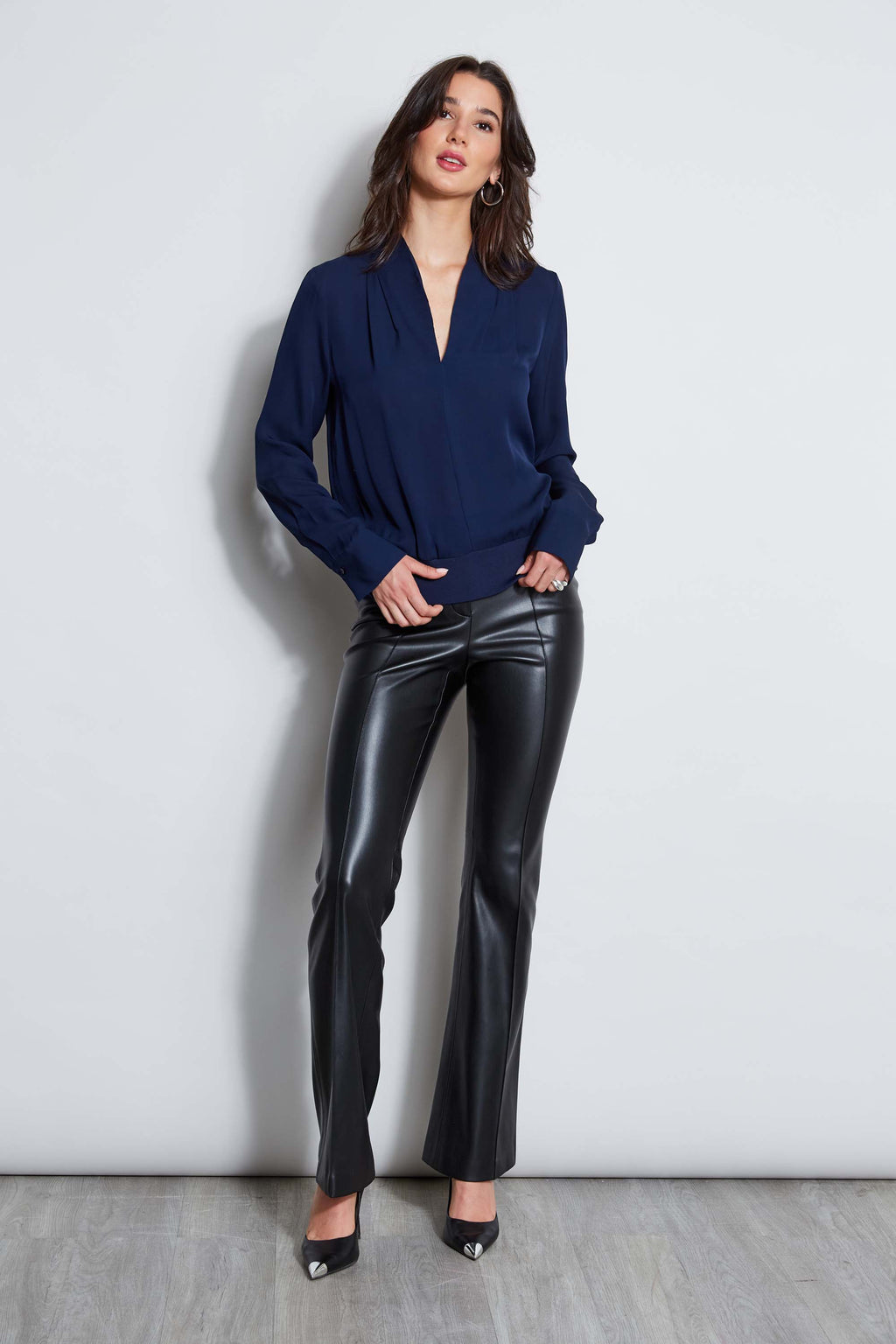 Women Silk Contour Neck Rib Trim Shirt  | Elie Tahari