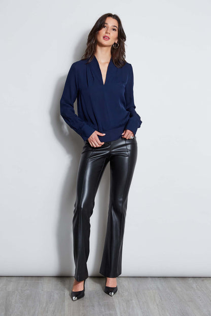 Women Silk Contour Neck Rib Trim Shirt  | Elie Tahari