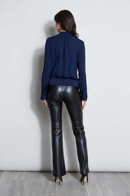 Women Silk Contour Neck Rib Trim Shirt  | Elie Tahari