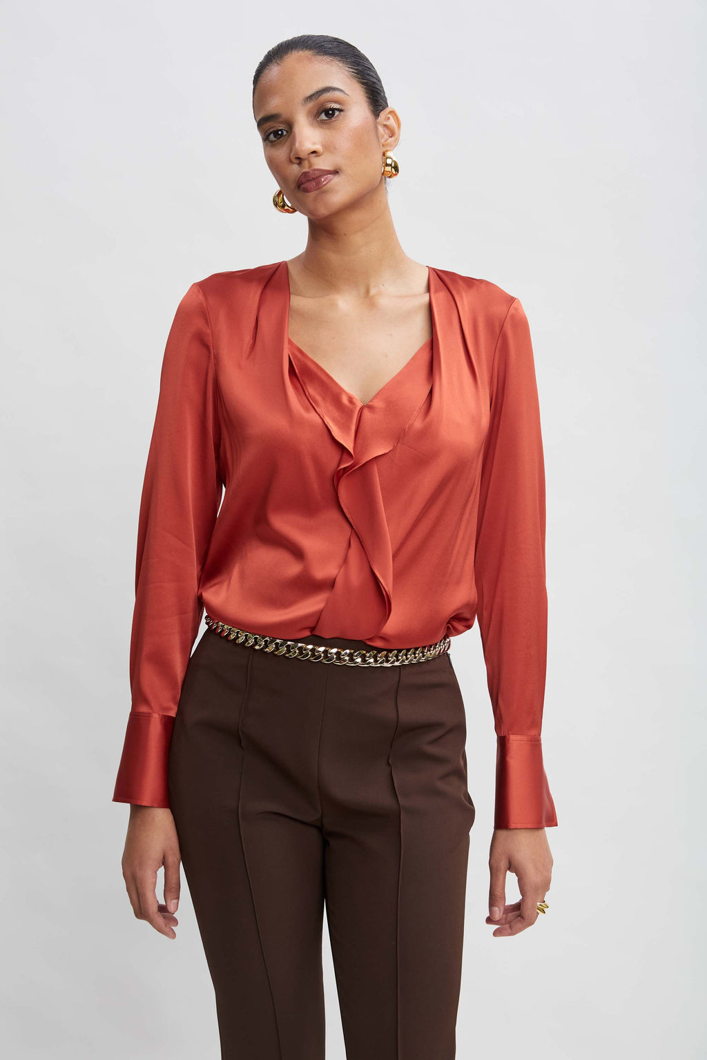 Women Silk Satin Contour Ruffle Shirt  | Elie Tahari