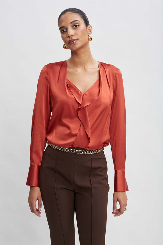 Women Silk Satin Contour Ruffle Shirt  | Elie Tahari