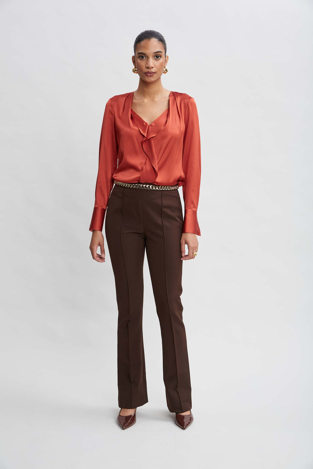 Women Silk Satin Contour Ruffle Shirt  | Elie Tahari