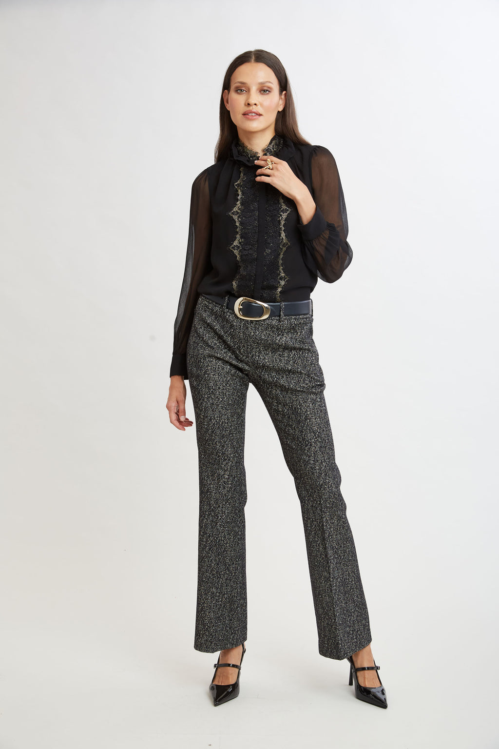 Women Metallic Lace Trim Silk Shirt  | Elie Tahari
