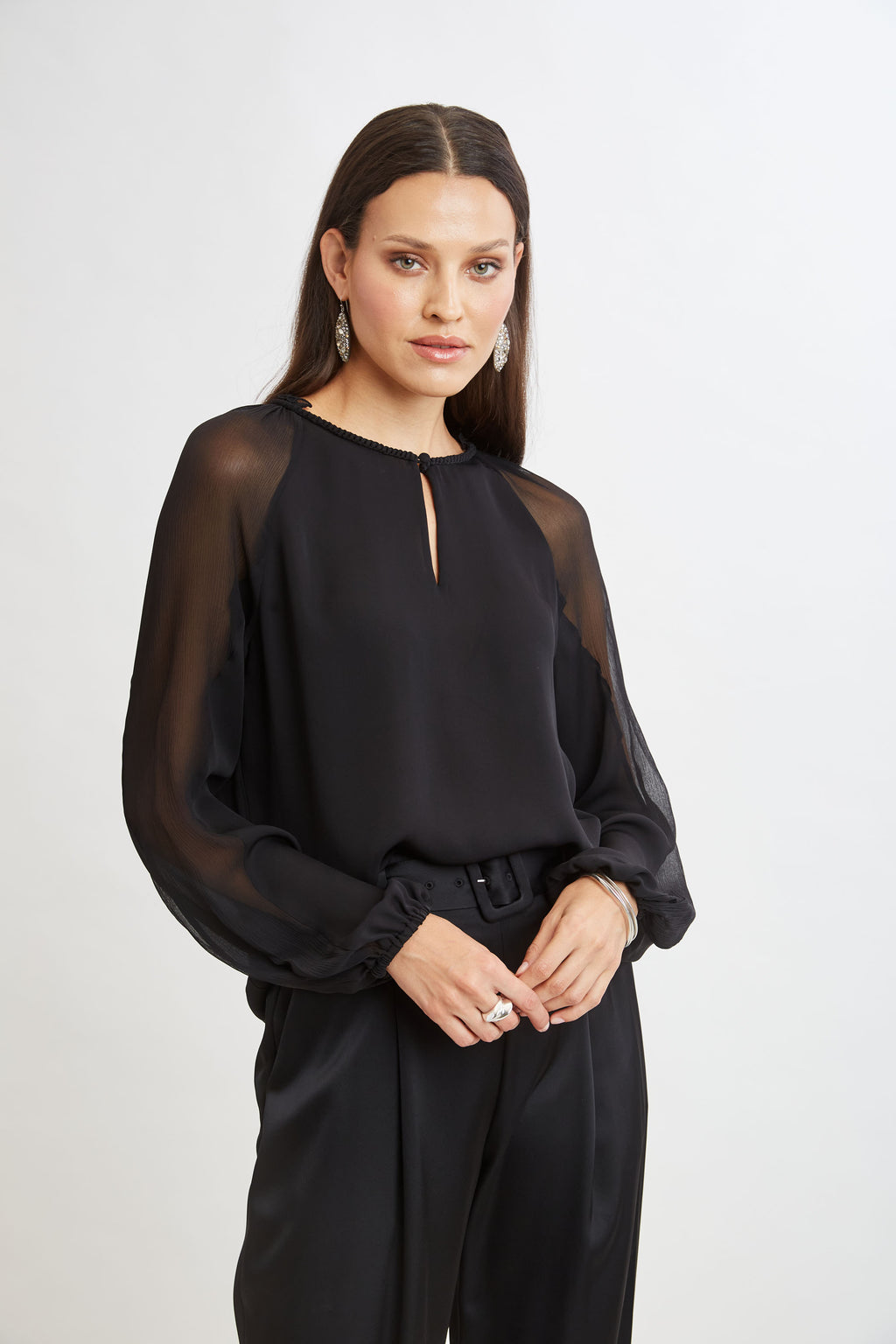 Women Chiffon Combo Georgette Shirt Black | Elie Tahari