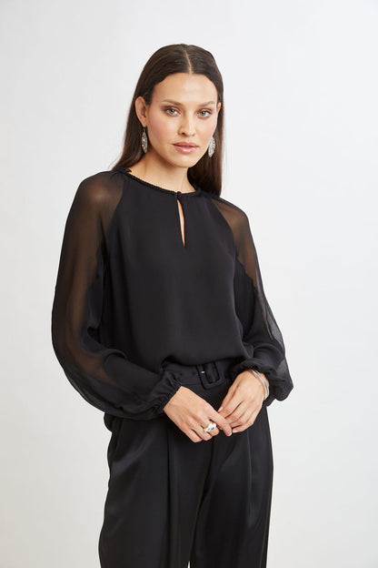 Women Chiffon Combo Georgette Shirt Black | Elie Tahari