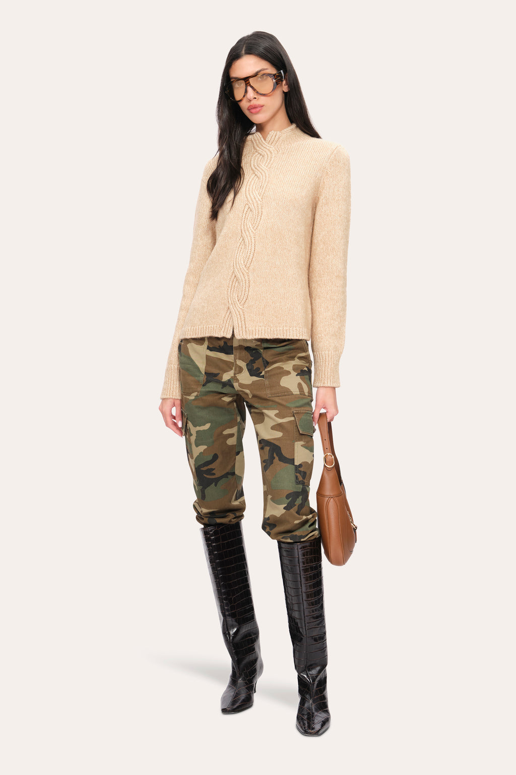 Women Cable Cotton Wool Sweater Toffee Melange | Elie Tahari