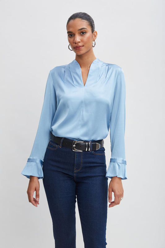 Women Silk Satin Contour Neck Ruffle Cuff Shirt  | Elie Tahari