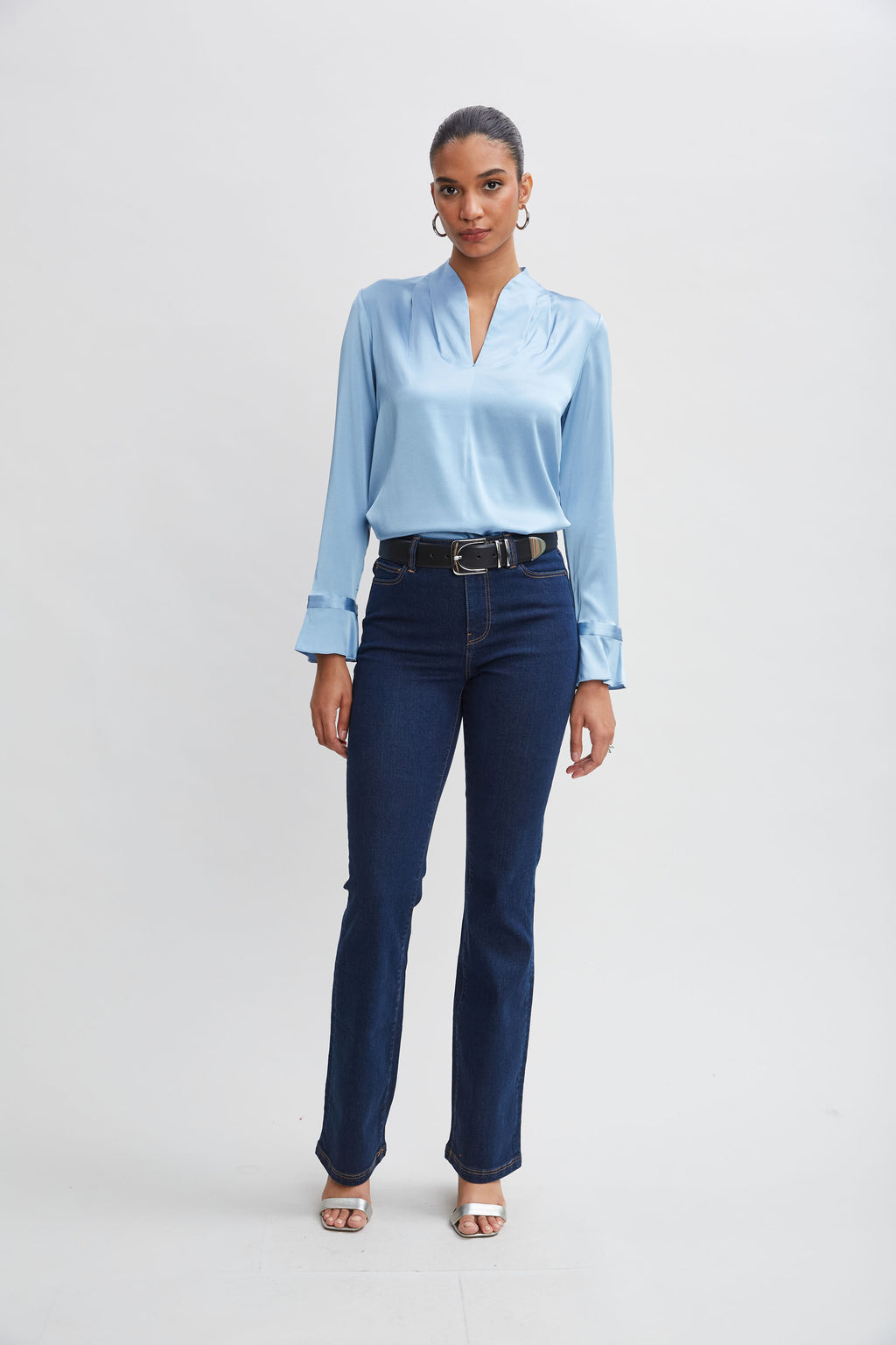 Women Silk Satin Contour Neck Ruffle Cuff Shirt  | Elie Tahari