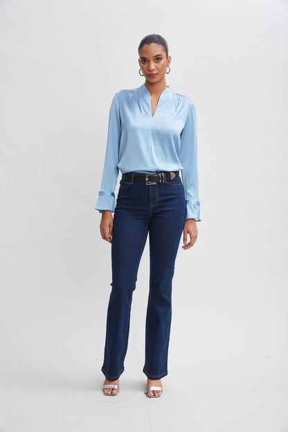 Women Silk Satin Contour Neck Ruffle Cuff Shirt  | Elie Tahari
