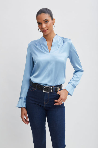Women Silk Satin Contour Neck Ruffle Cuff Shirt  | Elie Tahari