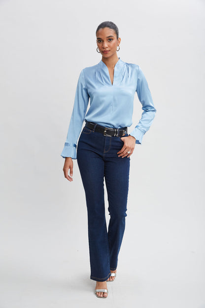 Women Silk Satin Contour Neck Ruffle Cuff Shirt  | Elie Tahari
