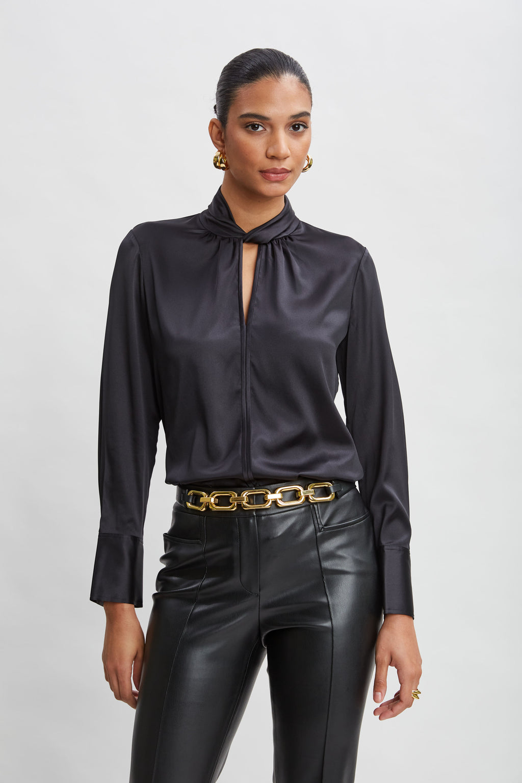 Women Silk Twist Neck Shirt Black | Elie Tahari