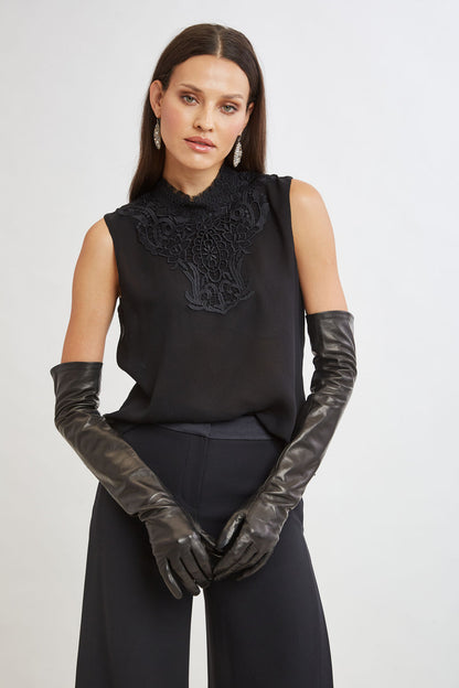 Women Lace Insert Crinkle Silk Chiffon Shirt Black | Elie Tahari