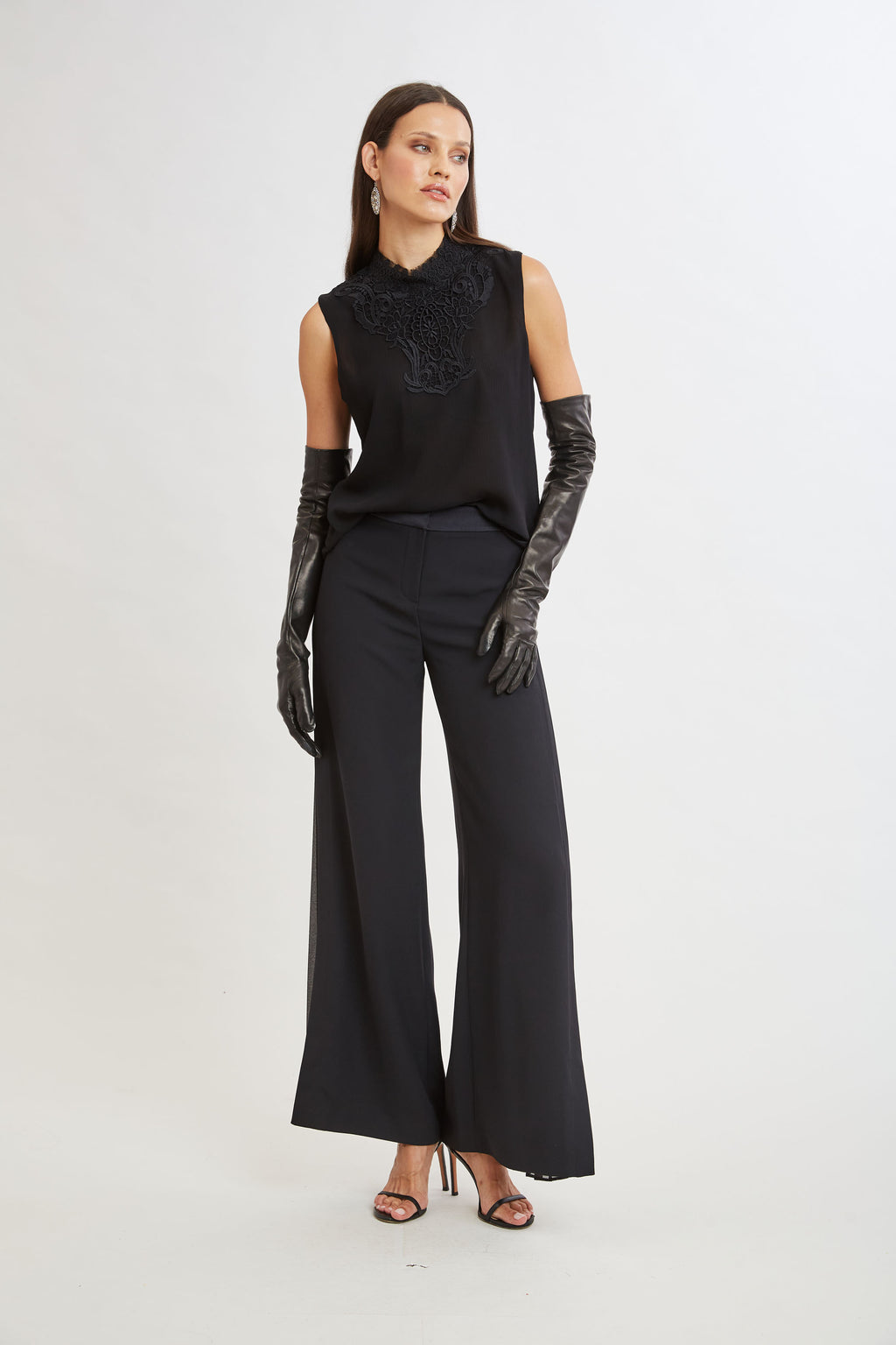 Women Lace Insert Crinkle Silk Chiffon Shirt Black | Elie Tahari